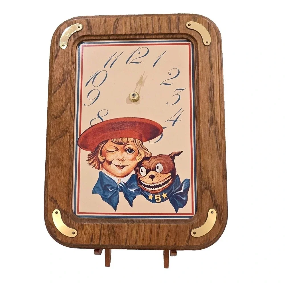 VTG 1980s Buster Brown Shoes Advertising Ceramic Tile Clock Wood Frame As Is 12